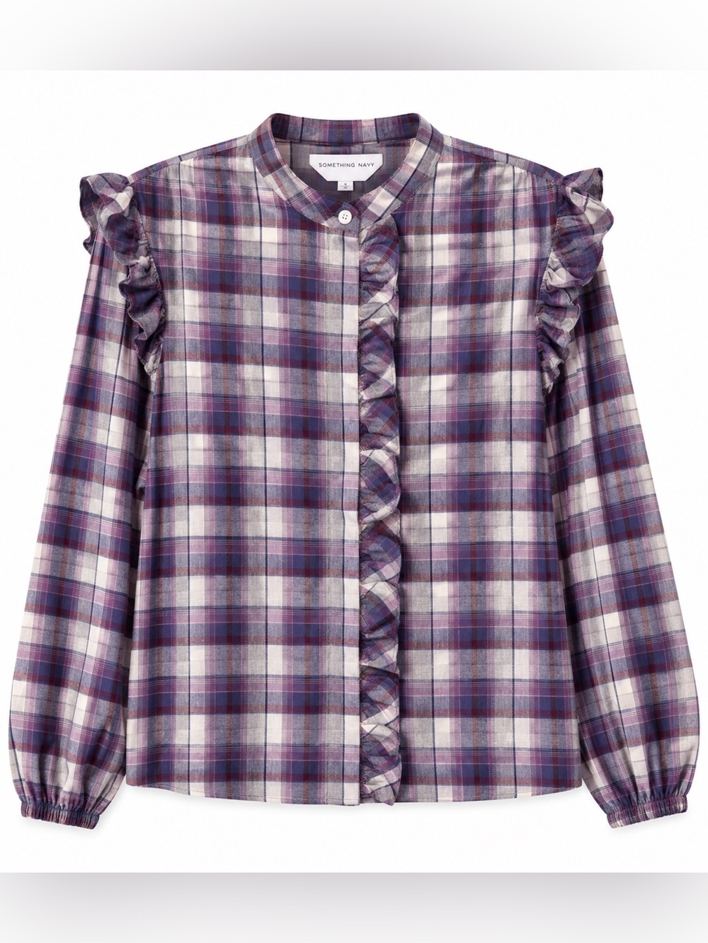 Something Navy Flannel Plaid Ruffle Shirt Purple S NWT Cotton Prairie $125